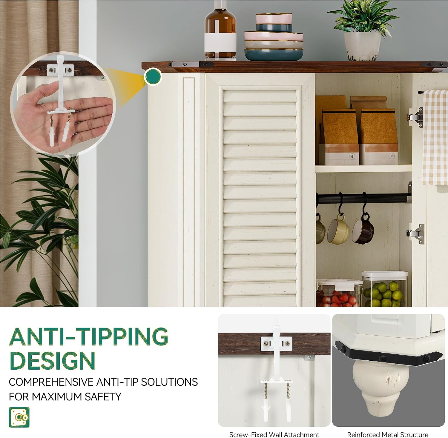 YITAHOME 67" Kitchen Pantry Cabinet, 4 - Tier Cupboard with Adjustable Shelves, Hooks & Detachable Hanging Rods, Buffet Sideboard for Living & Dining Rooms, White