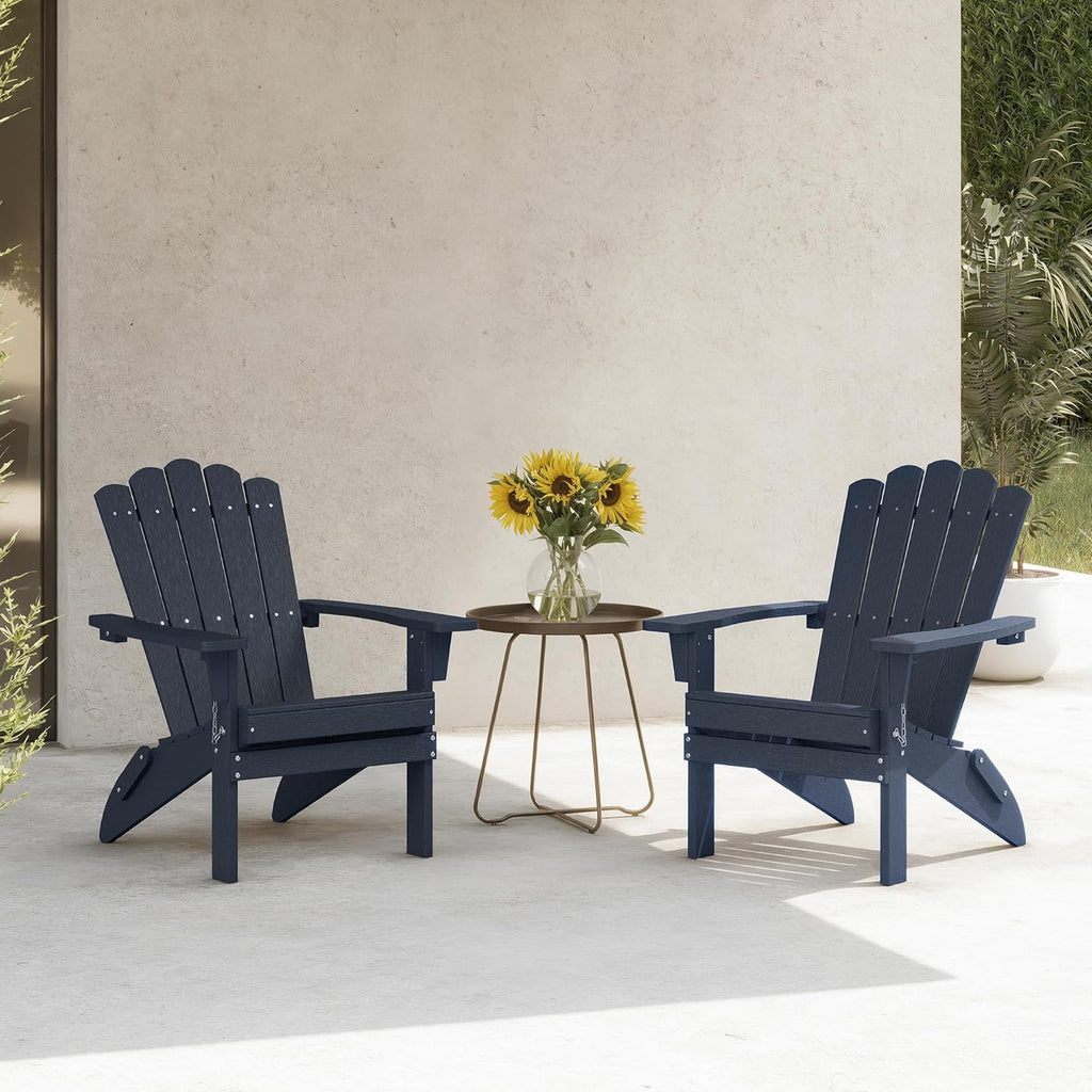Folding HDPE Adirondack Chair Set of 2, Weather-Resistant Patio Chair with Wide Armrests & High Backrest, Fire Pit Chair for Garden, Backyard, Porch (Blue)