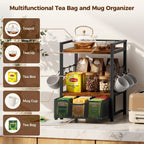 Plaviya 3-Tier Tea Bag Organizer with Drawer for Countertop | Tea Bag Holder and Storage, 9 Compartments, 6 Hooks for Cup, Utility Tea Box, Office, Kitchen, Rustic Brown