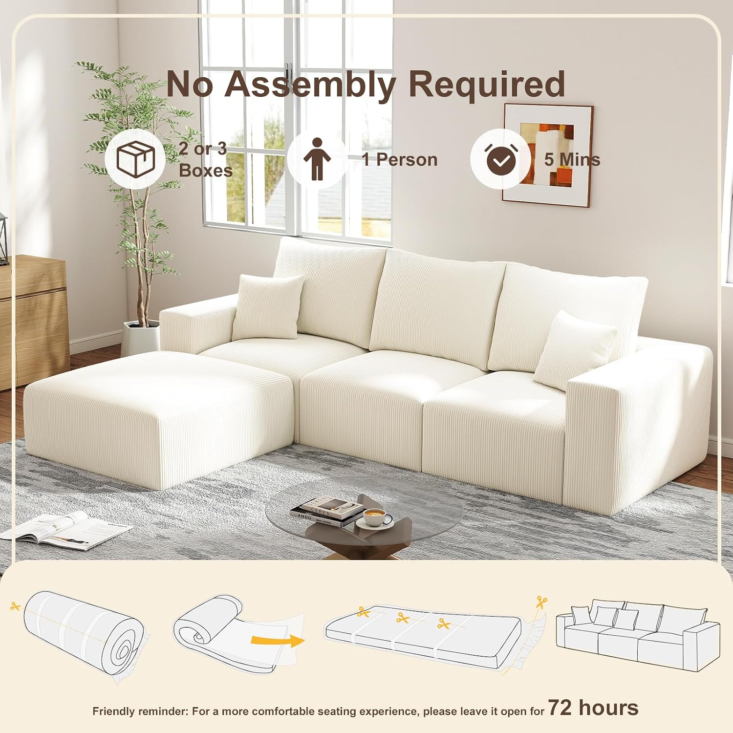 2 Square Cloud Footstool for Living Room, No Assembly Modular Corduroy Convertible Seat, Modern Boneless Style Sofa Accessory for Lounge or Bedroom