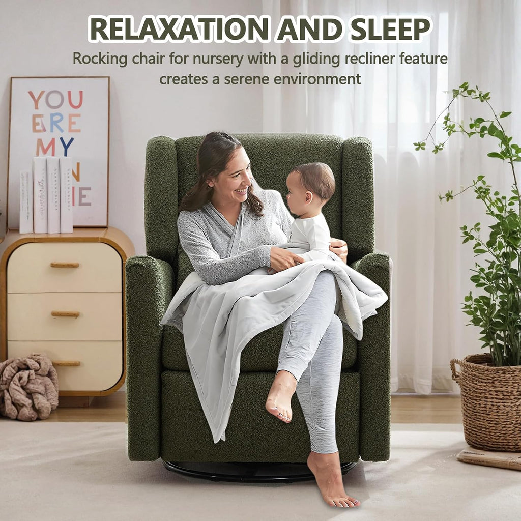 29.5'' Wide Swivel Rocker Recliner with 3-Position Lock Leg Rest, Nursery Chair with Sturdy Metal Base for Living Room, Bedroom and Apartment, Teddy Fleece (Seaweed Green)