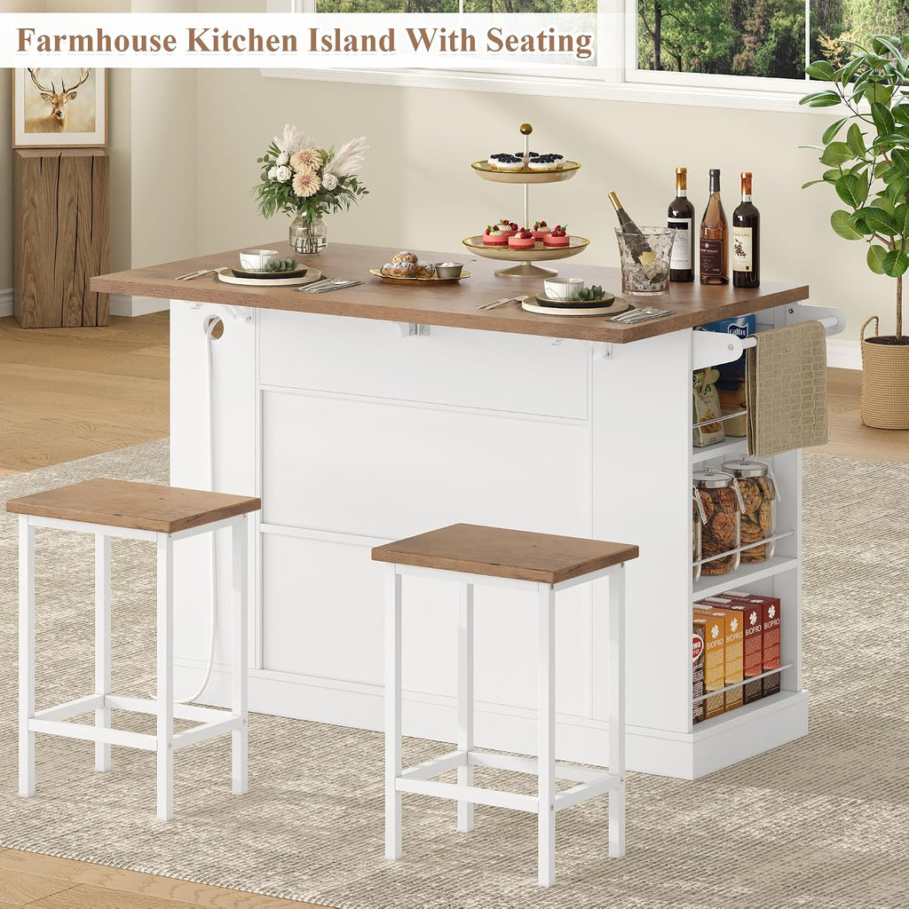 Keyluv Kitchen Storage Island with 2 Stools, 51.2” Mobile Kitchen Cart with Drop Leaf & Power Outlet, Rolling Island Table Dining Room Buffet with 2 Drawers & Side Storage Rack &Towel Rack, White
