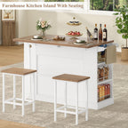 Keyluv Kitchen Storage Island with 2 Stools, 51.2” Mobile Kitchen Cart with Drop Leaf & Power Outlet, Rolling Island Table Dining Room Buffet with 2 Drawers & Side Storage Rack &Towel Rack, White