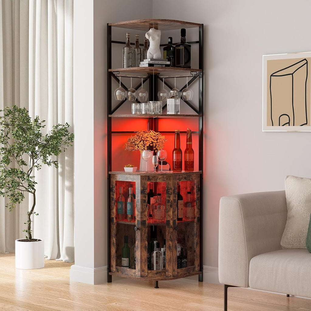 Wine Bar Cabinet with Power Outlet, 6-Tiers Industrial Wine Cabinet with LED Light and Glass Holder, Corner Wine Cabinet with Adjustable Shelf, Liquor Cabinet Bar for Christmas