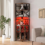 Wine Bar Cabinet with Power Outlet, 6-Tiers Industrial Wine Cabinet with LED Light and Glass Holder, Corner Wine Cabinet with Adjustable Shelf, Liquor Cabinet Bar for Christmas