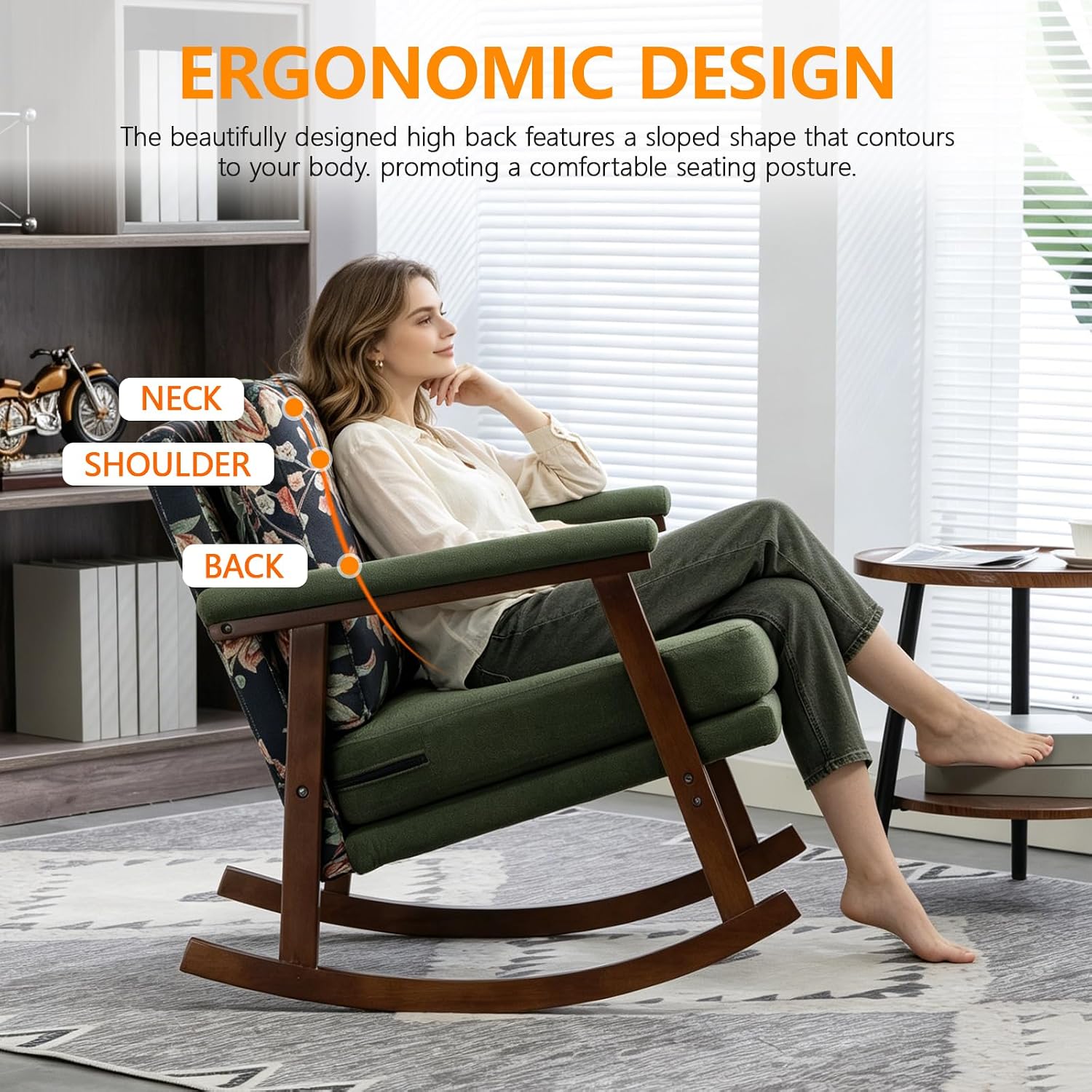 Nursery Rocking Chair with Upholstered Cushion, Wooden Frame Glider Rocker for Nursery, Comfortable Reading Armchair for Living Room, Bedroom & Sunroom (Antique Green)