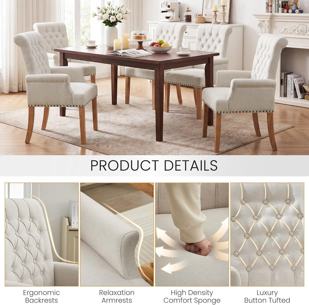 Upholstered Dining Chairs, Modern Fabric Dining Room Chairs with Arms, Tufted High Back Armchair with Solid Wood Legs for Dining Living Room, Kitchen, Beige