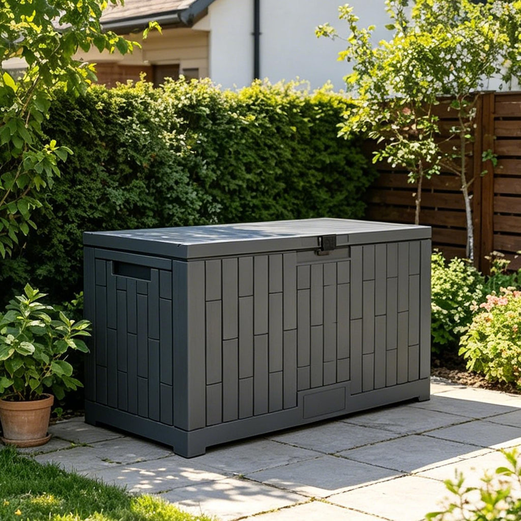 Durable Outdoor Storage Container, All-Weather Patio Storage Bench, Fine Rain Dust Resistance, Safety Lock Design, Assembly Without Tool, Space Saving Structure for Yard Daily Use 804E
