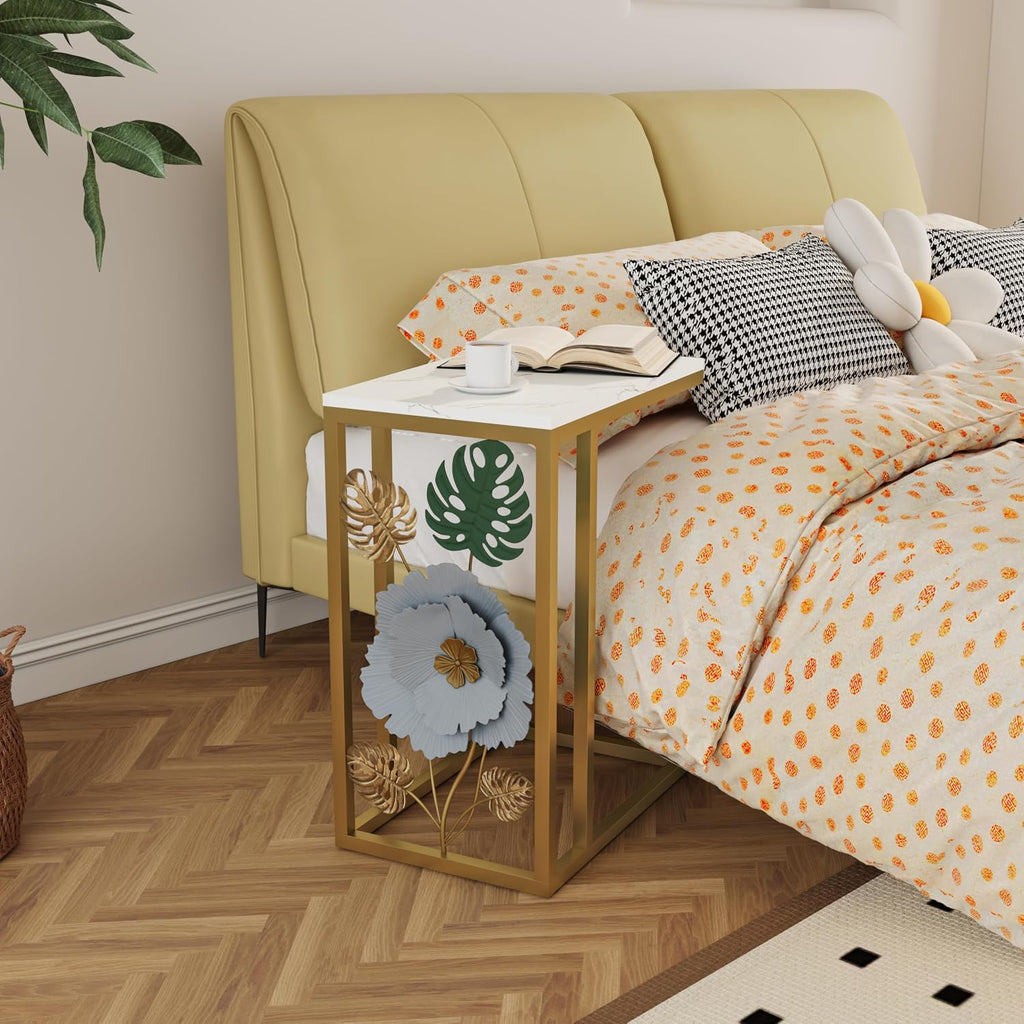 Antique C-Shape End Table with Faux Marble Top and Metal Flower Design, Narrow Gold Couch Side Table for Drink and Snack, Bedside Table, Laptop Table for Living Room, Bedroom