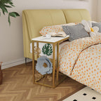Antique C-Shape End Table with Faux Marble Top and Metal Flower Design, Narrow Gold Couch Side Table for Drink and Snack, Bedside Table, Laptop Table for Living Room, Bedroom