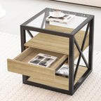 Bellemave 1 piece Small End Table with Drawer, Nightstand for Bedroom & Living Room, Wood MDF &Tempered Glass, Metal Frame, Industrial Style Side Table,Easy Assemble, Natural