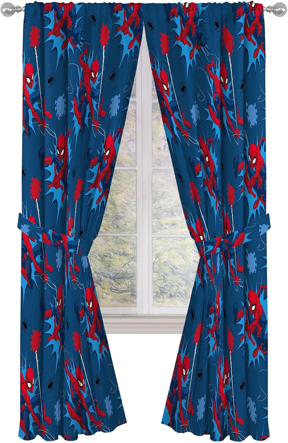 Jay Franco Kids Window Drapes - 4 Piece Curtain Set Includes 2 Tiebacks, Beautiful Bedding Room Décor and Easy Set Up, Blue - Spiderman, 84 Inch