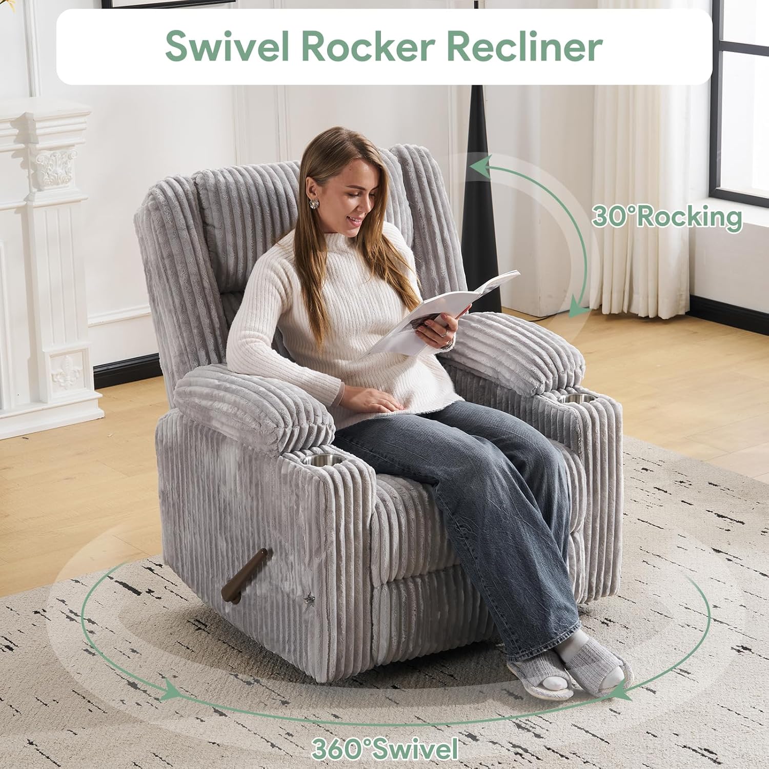 Manual Recliner Chair with Adjustable Headrest, Oversized Swivel Rocker Recliner for Adults with Arm Storage, Nursery Glider Recliner with Phone Stand and Side Pockets for Living Room, Light Grey