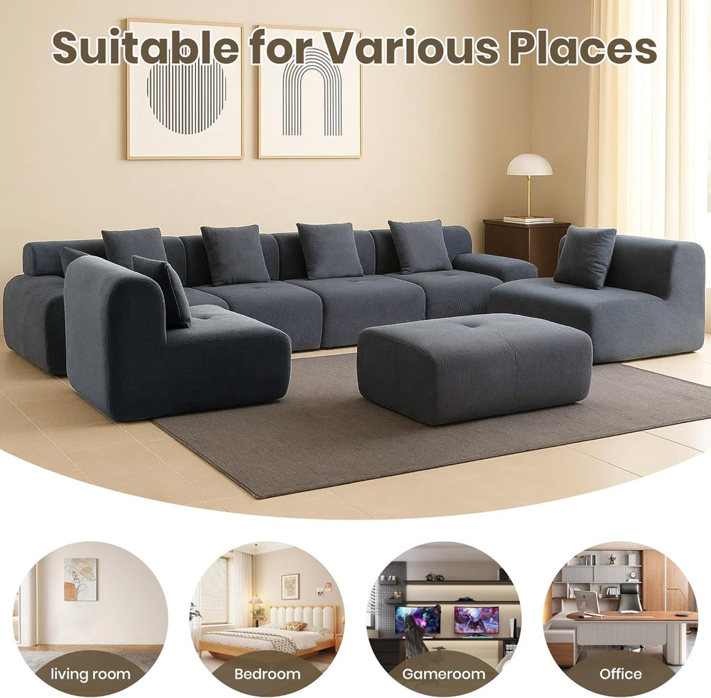 122" Modular Sectional Sofa Convertible L-Shape Cloud Couch, Corduroy Upholstered Boneless Sofa Set with Deep Seat & Movable Ottoman, No Assembly Needed, for Living Room, Bedroom, Home Office, Grey