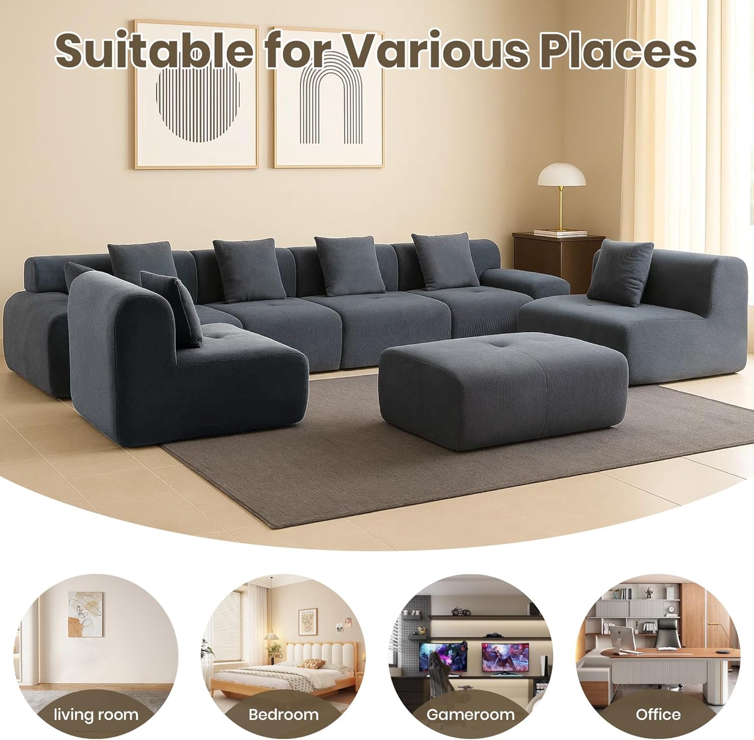 122" Modular Sectional Sofa Convertible L-Shape Cloud Couch, Corduroy Upholstered Boneless Sofa Set with Deep Seat & Movable Ottoman, No Assembly Needed, for Living Room, Bedroom, Home Office, Grey