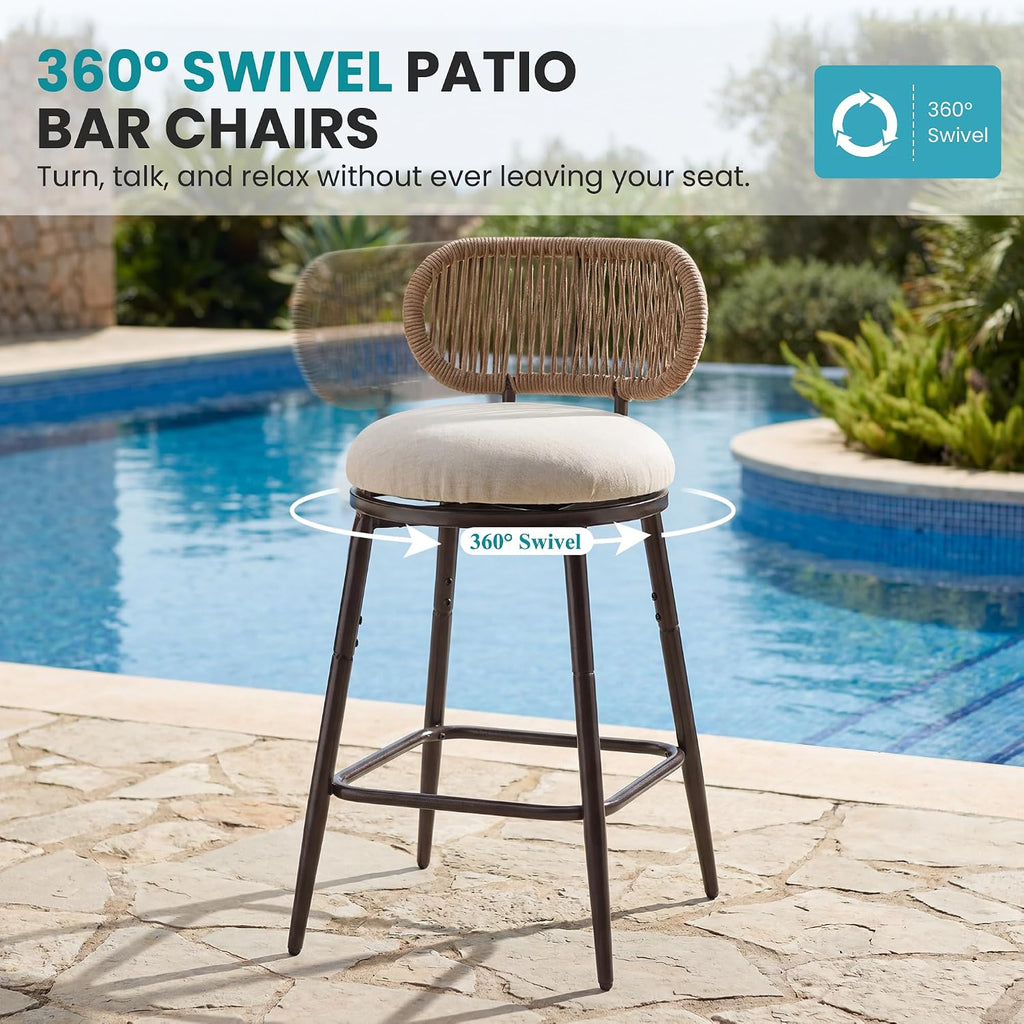 Swivel Outdoor Bar Chairs Set of 4, Hand-Woven Rope Patio Bar Stools with Removable & Washable Cushions, 360° Swivel Metal Frame, All-Weather High Top Chairs, 400 lbs Capacity, Beige