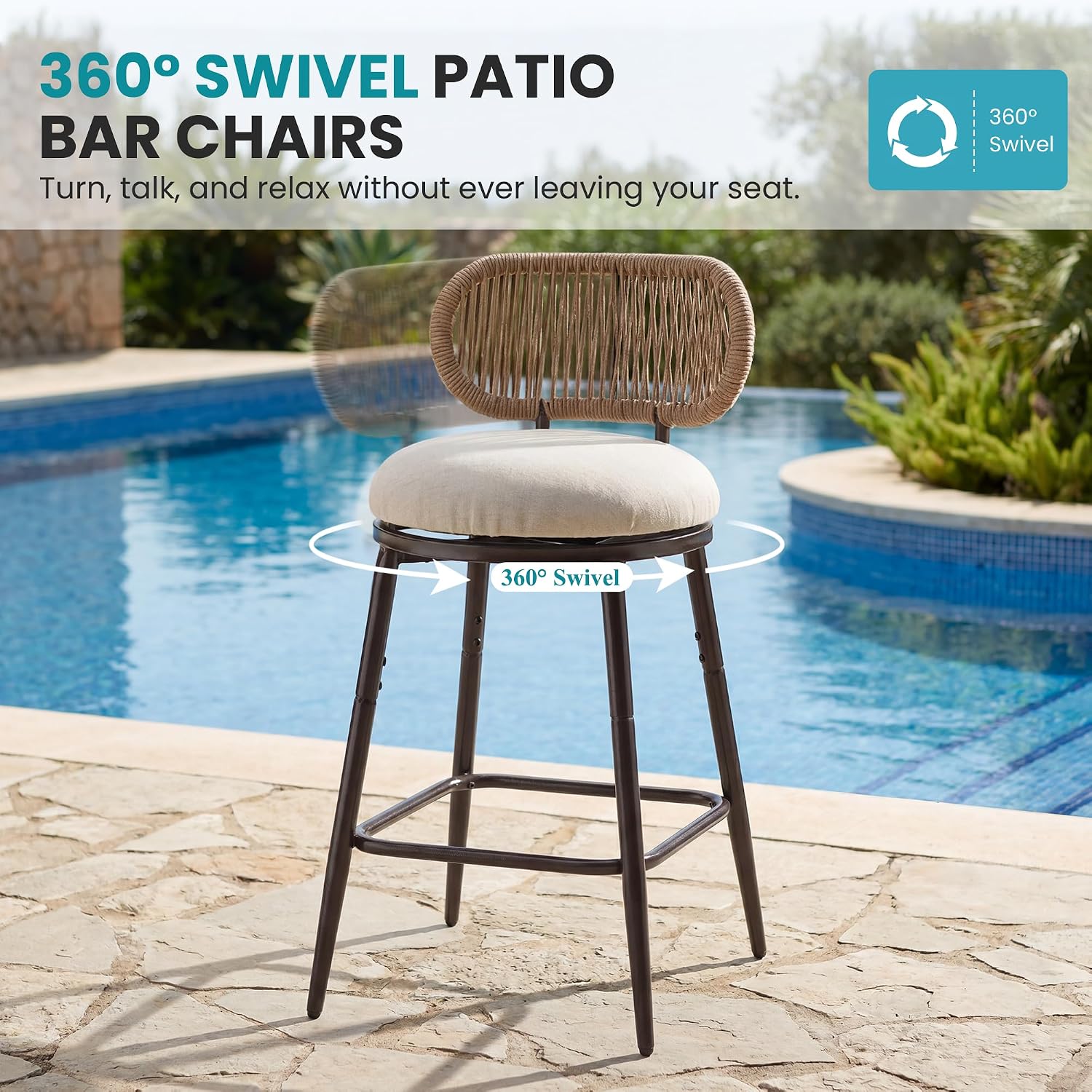 Swivel Outdoor Bar Chairs Set of 4, Hand-Woven Rope Patio Bar Stools with Removable & Washable Cushions, 360° Swivel Metal Frame, All-Weather High Top Chairs, 400 lbs Capacity, Beige