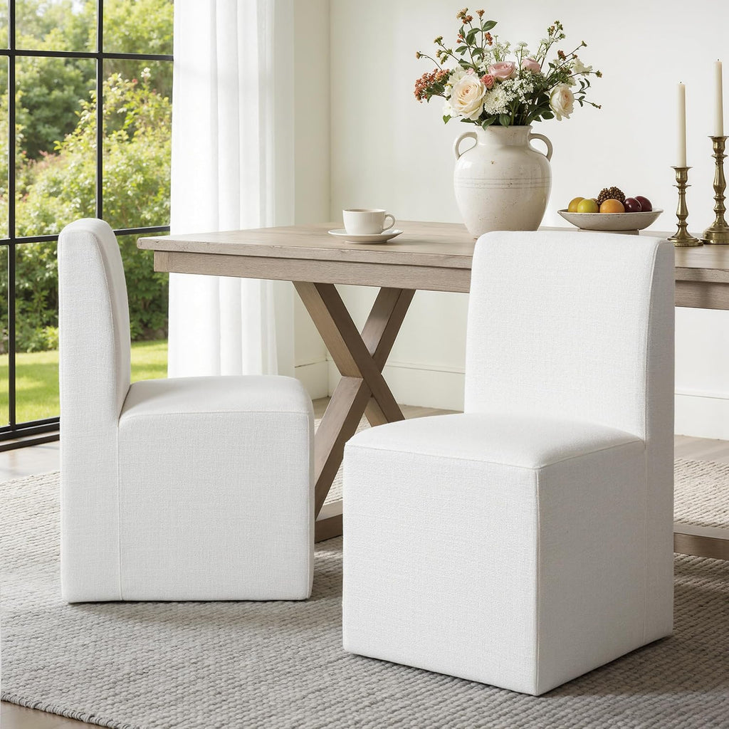 Upholstered Dining Chairs with Casters Set of 2 - Rolling Dining Chairs for Home Desk, Lounge or Living Room, Silent Wheel, No-Assembly, White