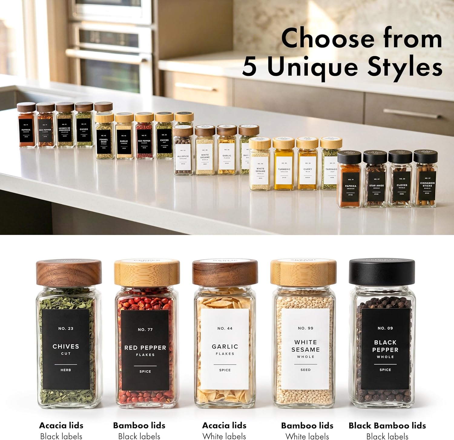 EDELHAUS® Square Spice Jars with Bamboo Wooden Lid (Pack of 36) Spice Jars with Shaker Insert and 240 Labels - Bamboo Lid Glass Container for Spice Organisation [4.3 in × 1.8 in]