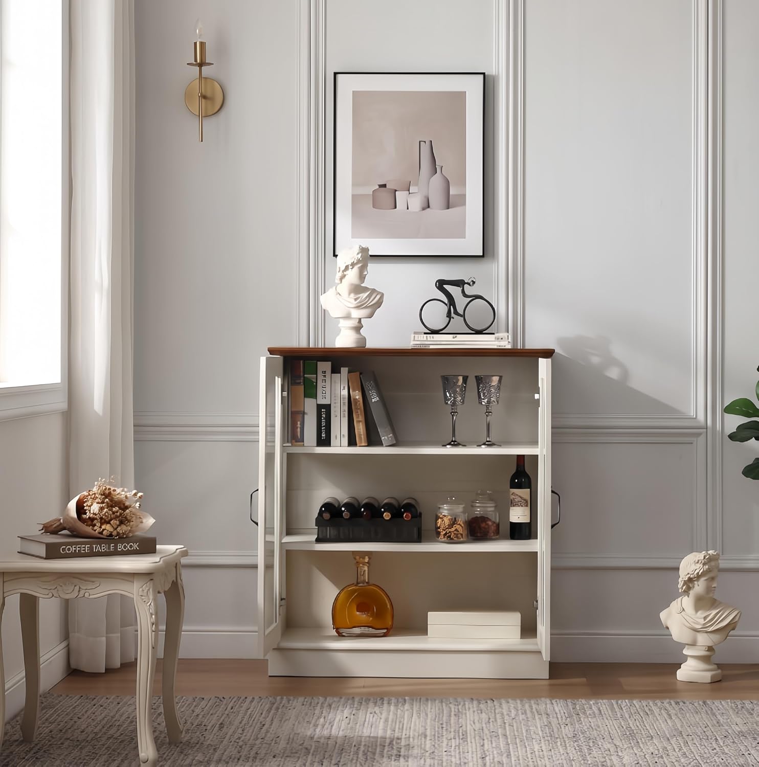 FOREST GRAVITY 31.5'' Small Display Buffet Cabinet with Glass Doors for Great Showcase,Small Coffee bar Cabinet with one Adjustable Shelf and one Fixed Shelf,Modern Sideboard Buffet for Kitchen,White