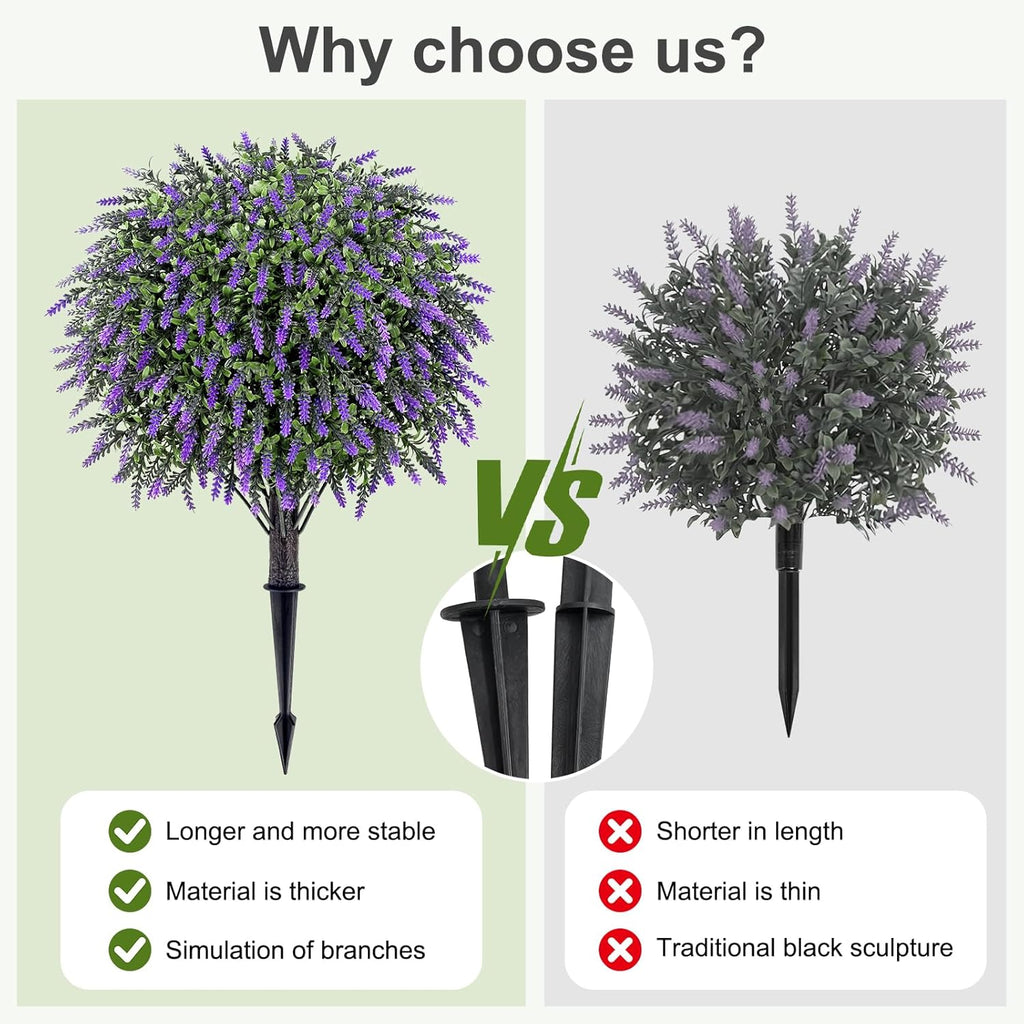 Artificial Plants Bushes for Outdoors, 2 Pack 25.6" Faux Topiary Ball Trees Lavender Plants with Stakes/Spikes for Outside, UV Resistant Fake Greenery for Front Porch, Garden, Yard (Purple, Green )