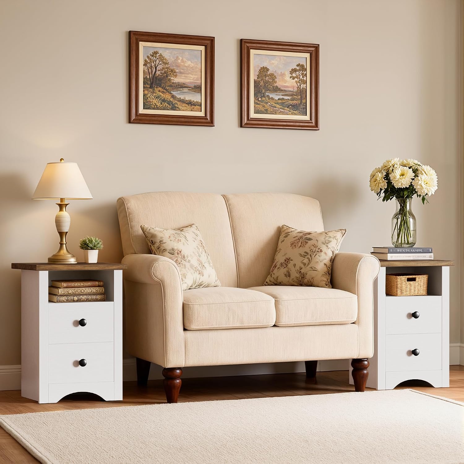 JUMMICO Farmhouse Nightstands, End Table with 2 Storage Drawers and Open Shelf, Rustic Bedside Table for Bedroom, Living Room(2, White)