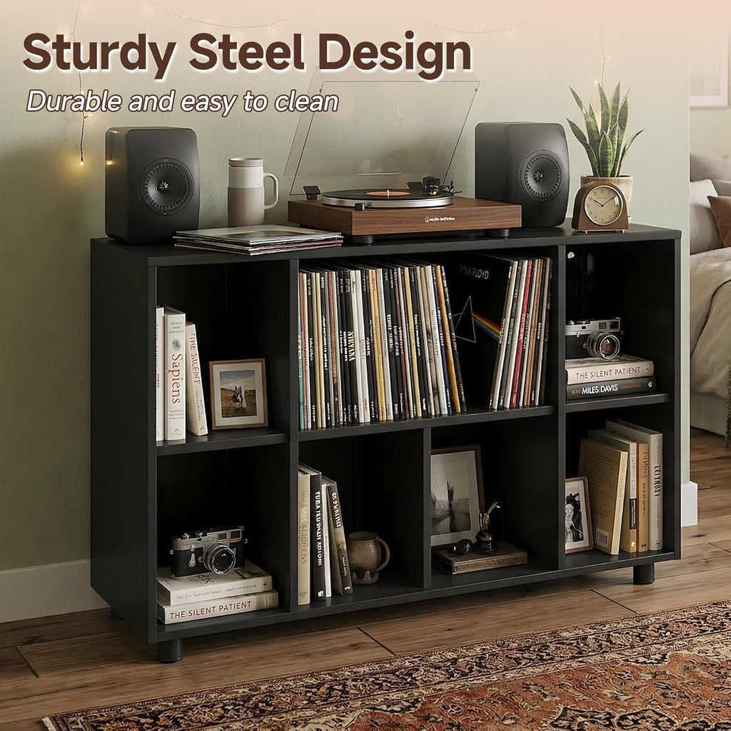 Record Player Stand with Charging Station, Black | Vinyl Record Storage Cabinet, Holds Up to 500+ Albums, Turntable Stand with Large Tabletop for Living Room Music Room Studio