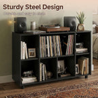 Record Player Stand with Charging Station, Black | Vinyl Record Storage Cabinet, Holds Up to 500+ Albums, Turntable Stand with Large Tabletop for Living Room Music Room Studio