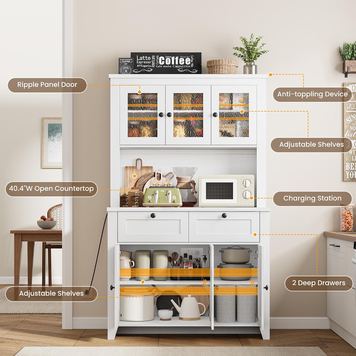 GarveeHome 66" Tall Pantry Cabinet with Power Outlet & LED Light, Kitchen Pantry Storage Cabinets with Countertop, Large Kitchen Hutch with Storage Drawers & Water Ripple Acrylic Panel Cabinet Door