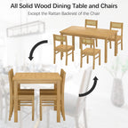 Solid Wood Dining Table Set for 4, 43.3" Dining Table with Chairs Set, Kitchen Dining Table Set with Woven Rattan Backs, Farmhouse Solid Wood Table and Chairs, Natural