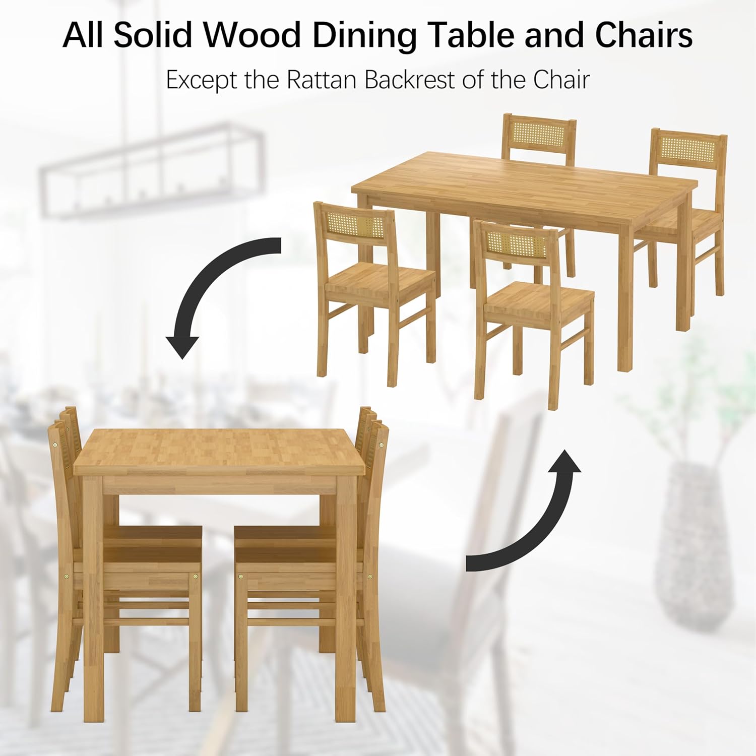 Solid Wood Dining Table Set for 4, 43.3" Dining Table with Chairs Set, Kitchen Dining Table Set with Woven Rattan Backs, Farmhouse Solid Wood Table and Chairs, Natural