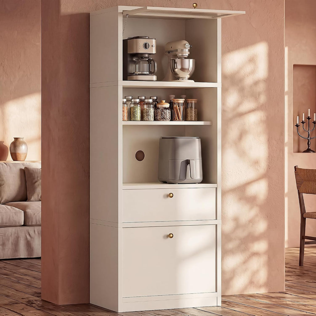 71" Tall Kitchen Pantry Cabinet with Fluted Door & Drawers, White | Adjustable Shelves, Anti-tip Device, Freestanding, Spacious Kitchen, Bathroom Storage, Living Room, Modern Farmhouse Style
