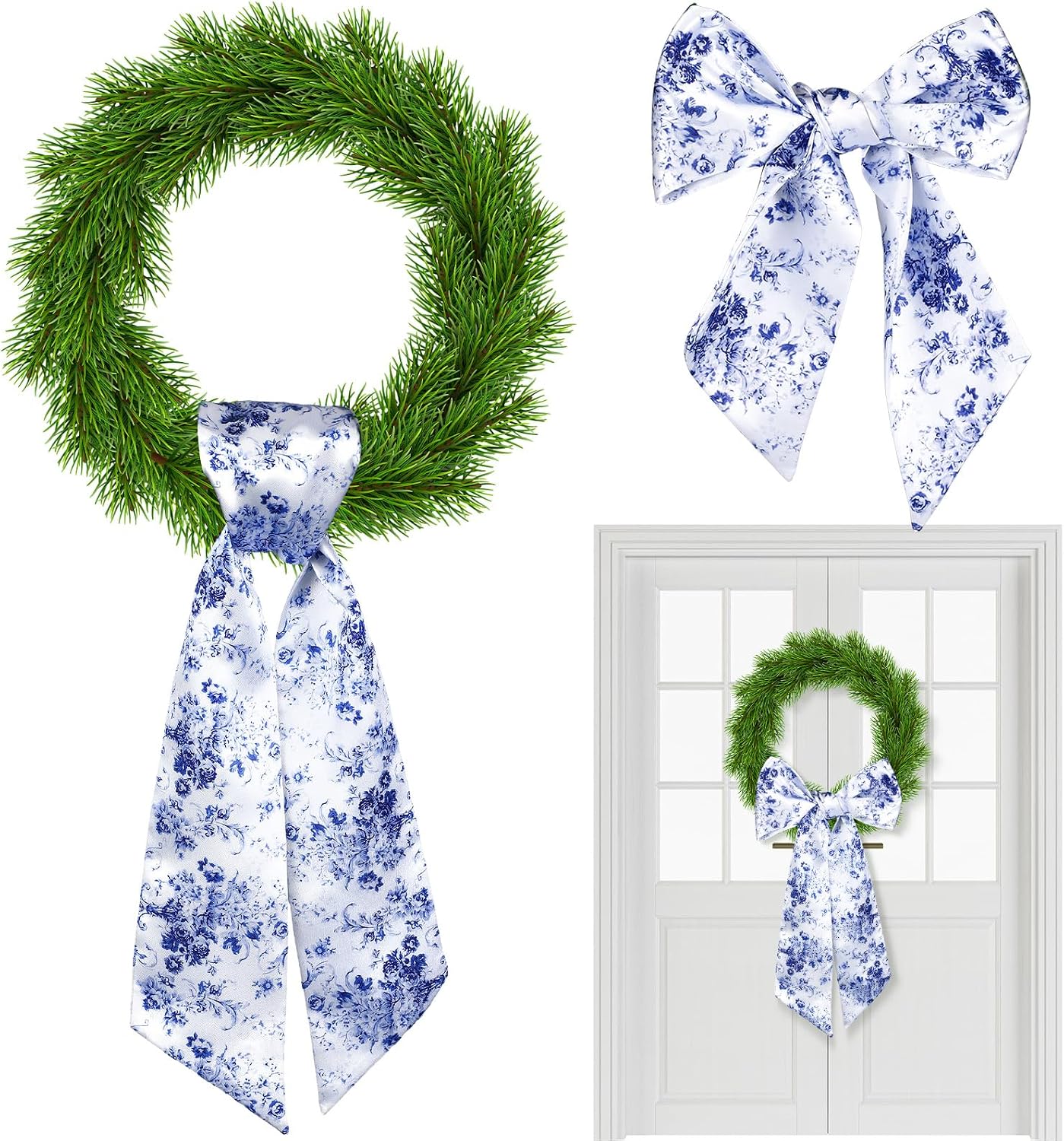 2 Pcs Wreath Sash for Front Door Reversible Chinoiserie Wreath Sash Accessories Decor for Monogram Garland Ribbon Porch Indoor Outdoor Home Party Yard Doorway(Chinese Style)