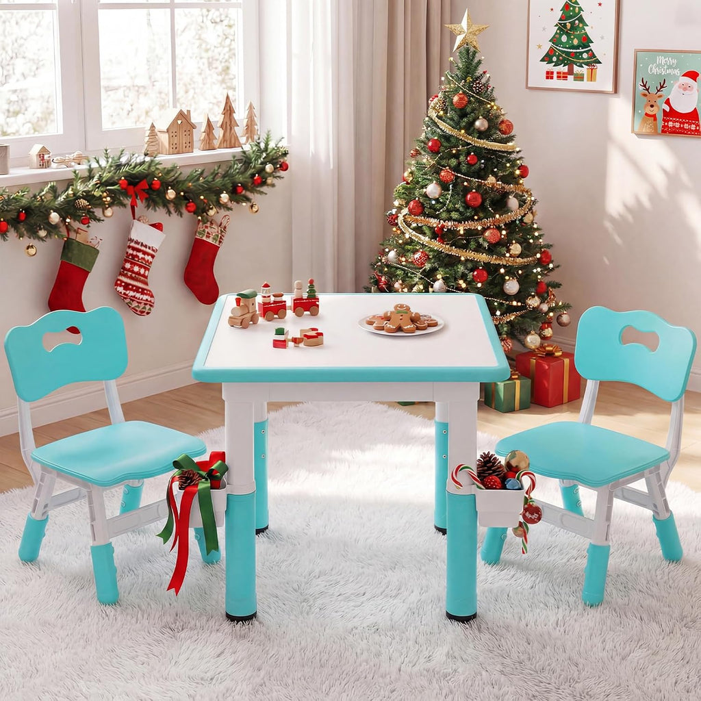 Olakids Kids Table and 2 Chair Set, Height Adjustable Toddler Activity Desk with Graffiti Desktop Storage Boxes, Children Furniture for Arts Crafts Learning Drawing (Light Green)
