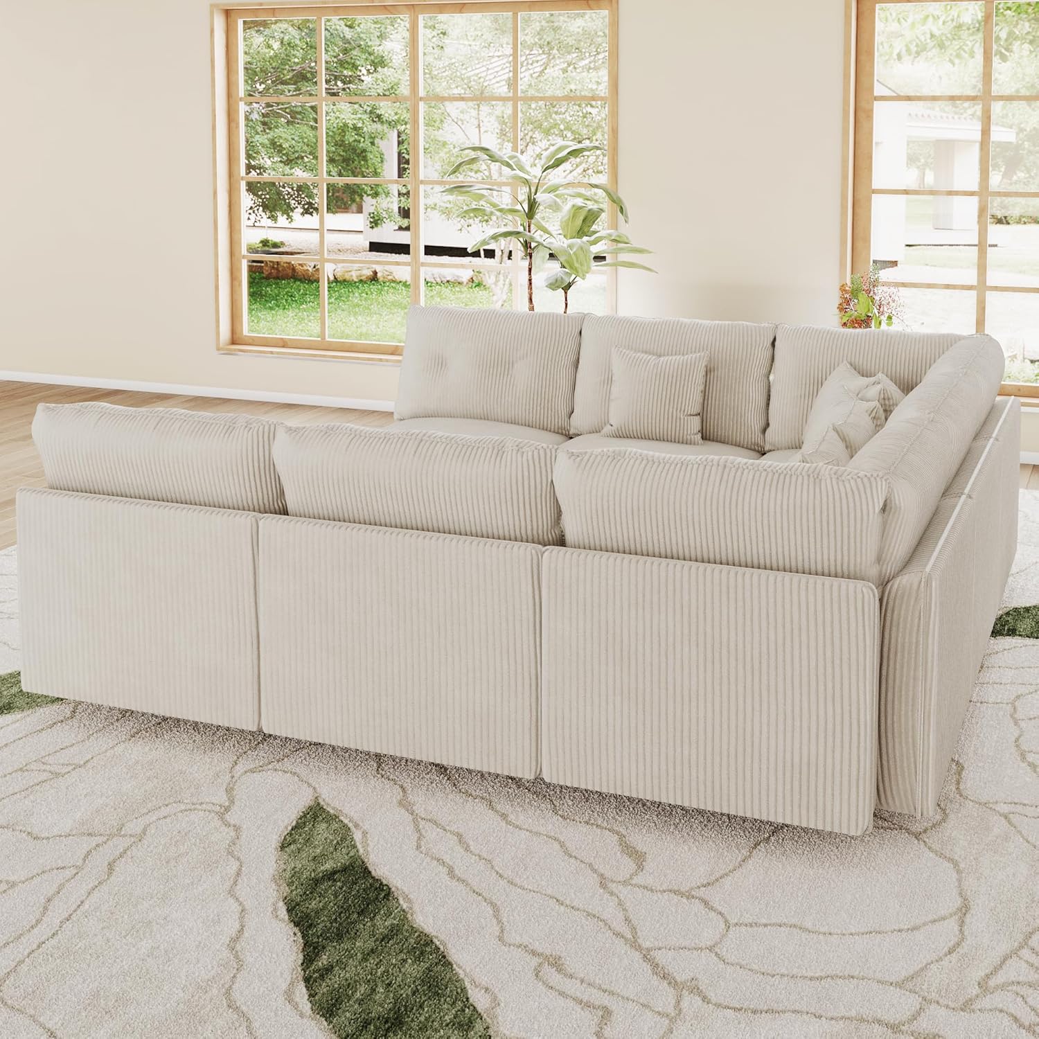 LLappuil 137" Modular Sectional Sofa with Storage, 9 Seater Corduroy U Shaped Couch with 9 Throw Pillows, Convertible Sofas for Living Room, Pet-Friendly, Scratch Resistant, Reconfigurable, Beige