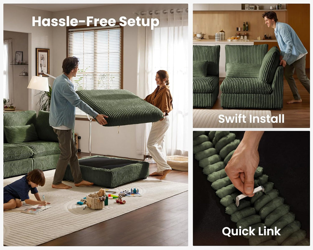 115" Oversized Corduroy Couch Modular Sectional Sofa, Washable Cloud Couch Sectional with 2 Ottoman, 5 Seater Sectional Couches for Living Room, Fully Cover Removable, U Shaped, Corduroy, Green