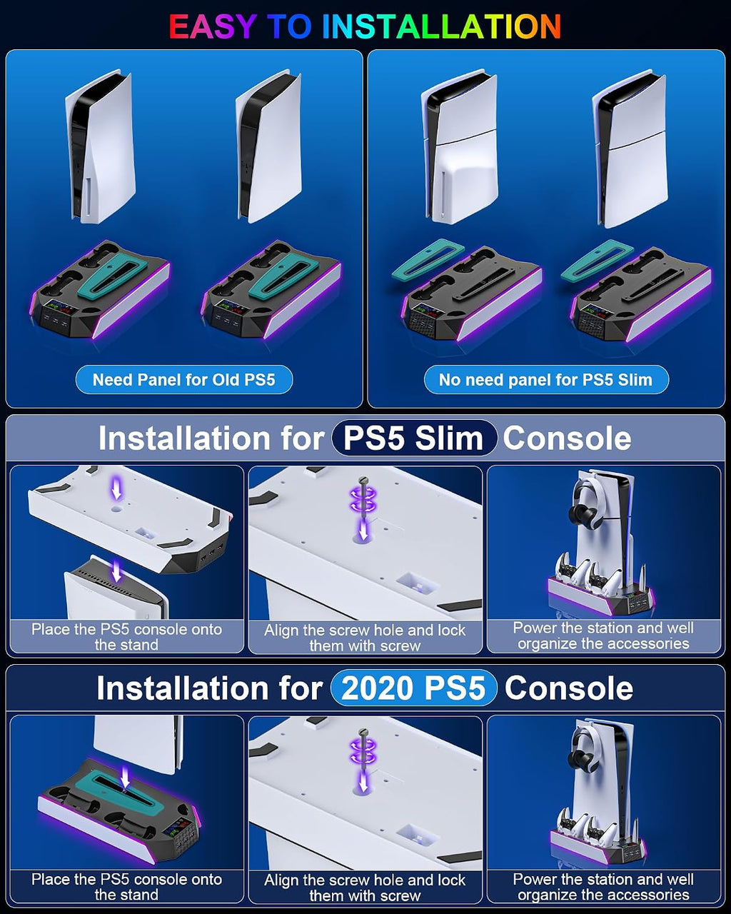 PS5 / PS5 Slim Cooling Station with Controller Charging Station - LED Light Cooling Stand for Playstation 5 Slim Disc/Digital Console, Accessories Incl RGB Light/Cooler Fan/3 USB Hubs/Headset Holder