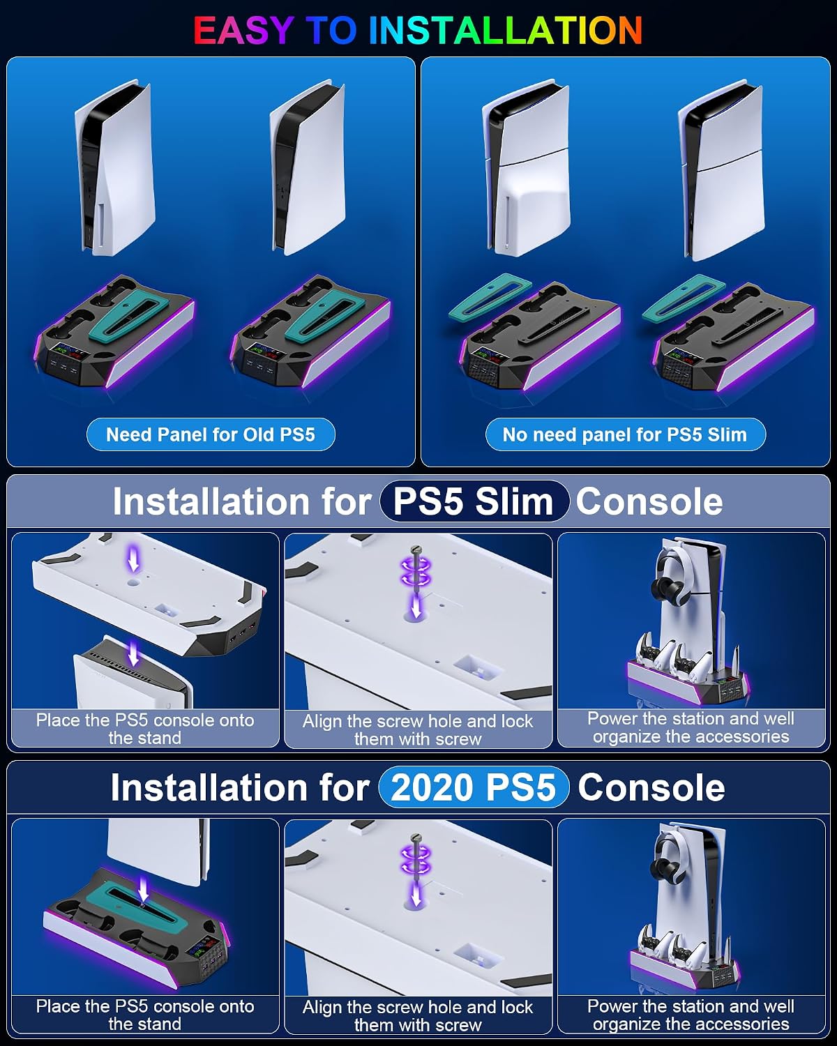 PS5 / PS5 Slim Cooling Station with Controller Charging Station - LED Light Cooling Stand for Playstation 5 Slim Disc/Digital Console, Accessories Incl RGB Light/Cooler Fan/3 USB Hubs/Headset Holder
