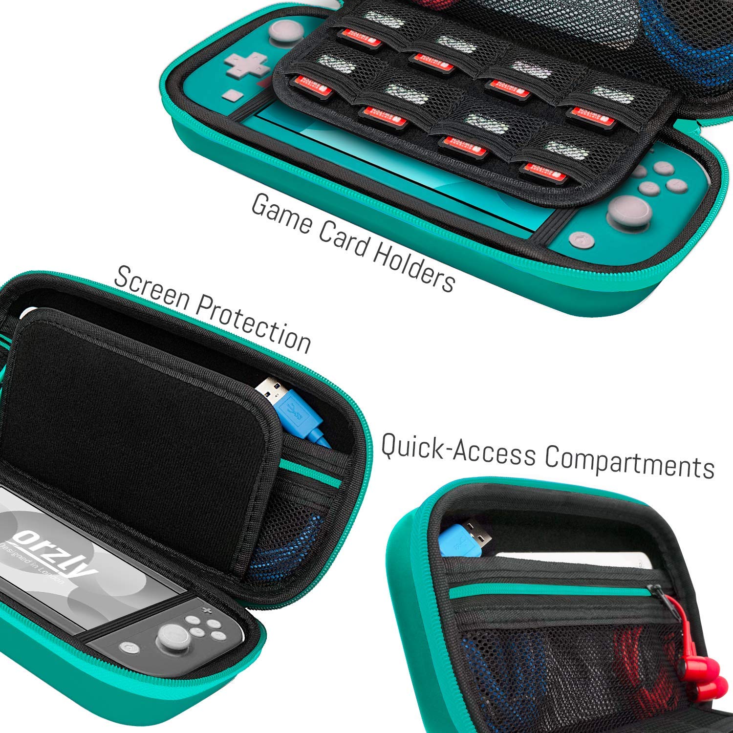 Orzly Turquoise Carry Case for Switch Lite - Portable Travel Case with Game Storage & Accessories - Gift Box Edition