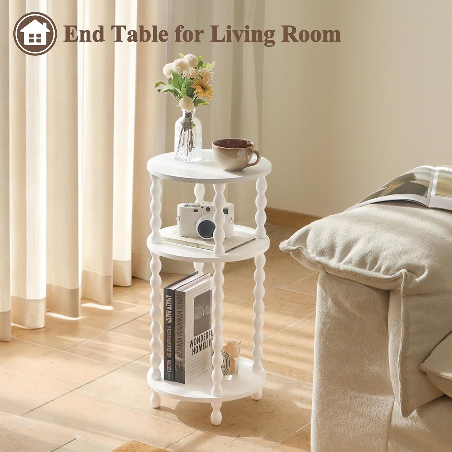AWASEN Small Round Side Table, White End Table with 3-Tier Open Shelf for Small Spaces, Round Bedside Table Nightstand for Bedroom, Living Room, Office, White