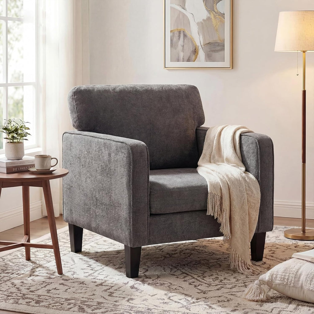 Modern Accent Chairs for Living Room, Corner Chairs for Adults, Reading Chair with Armrest and Backrest, Comfy Lounge Chairs for Bedroom Reception Waiting Room, Dark Grey 1 Pack