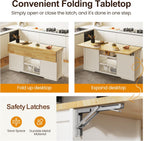 RoyalCraft 59'' Kitchen Island with Storage and Drop Leaf, Kitchen Island Table, Coffee Station Cabinet with Solid Rubber Wood Top, Pull-Out Trays, Drawers, Adjustable Shelves, Power Outlet, White