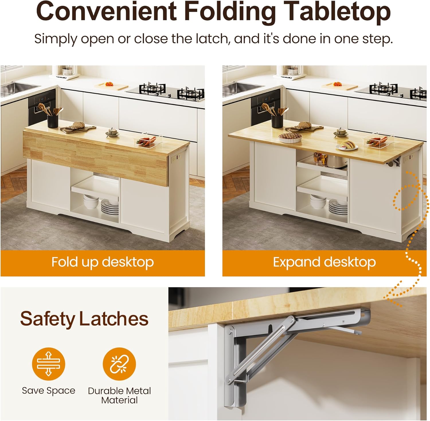 RoyalCraft 59'' Kitchen Island with Storage and Drop Leaf, Kitchen Island Table, Coffee Station Cabinet with Solid Rubber Wood Top, Pull-Out Trays, Drawers, Adjustable Shelves, Power Outlet, White