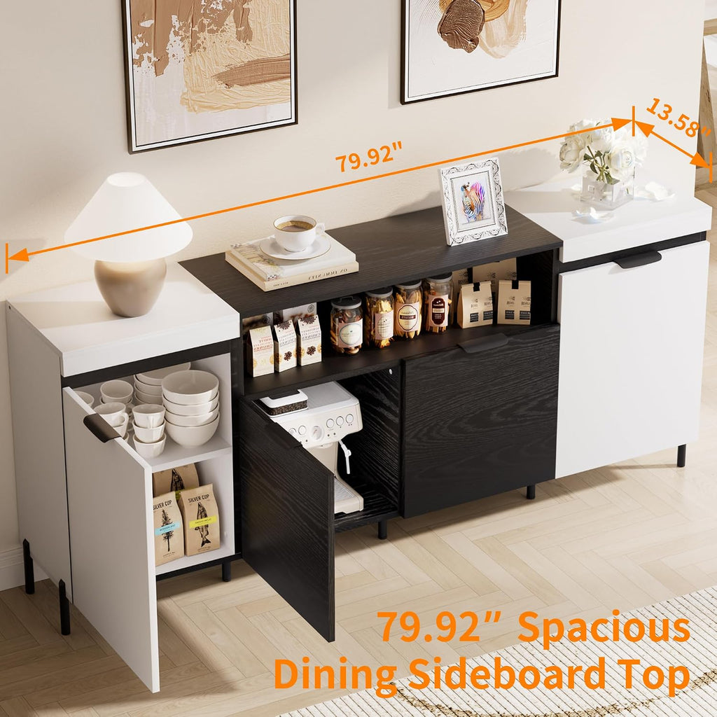 80'' Buffet Sideboard with Storage Farmhouse with 4 Doors, Large Kitchen Storage Cabinet Wood Coffee Bar Cabinet Buffet Table with Open Shelf for Kitchen, Dining Room, Entryway, Black & White