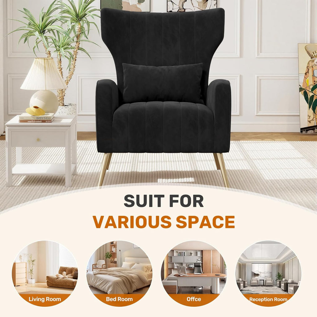 Luxanimarion Black Velvet Accent Chair Set of 2, Wingback Chair for Living Room, High Back Arm Chair with Golden Legs Lumbar Pillow, Upholstered Single Sofa Bedroom