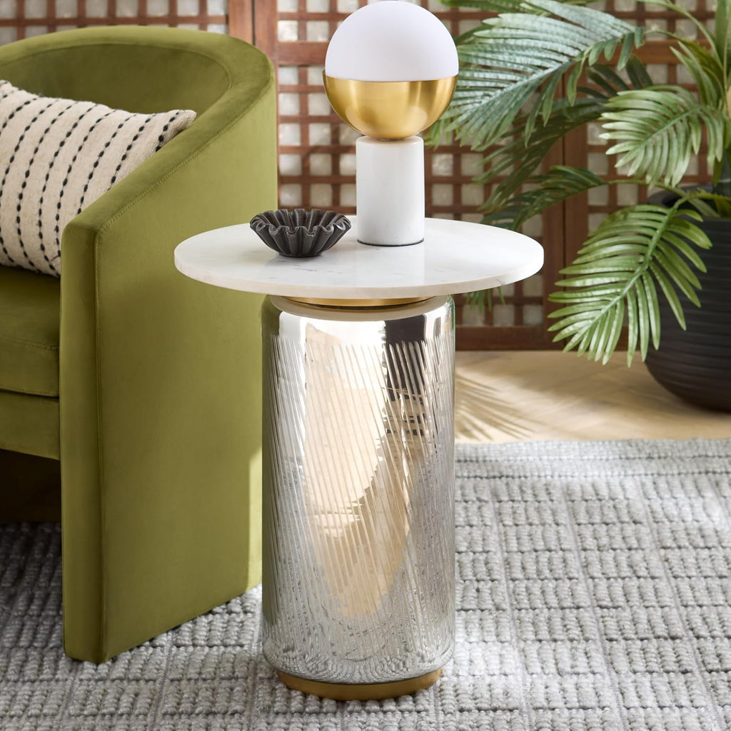 SAFAVIEH Home Collection – Kathony Cream Glass & White Marble Round Top Side Table, Fully Assembled (ACC3220A)