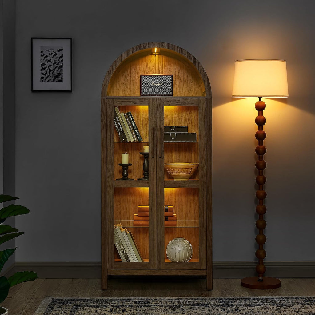 67" Arched Cabinet with Glass Doors: Pantry Cabinets for Kitchen Storage,Modern Retro Style Wooden,Book Display Shelf with Adjustable Glass Partitions & Light - for Kitchen,Entryway