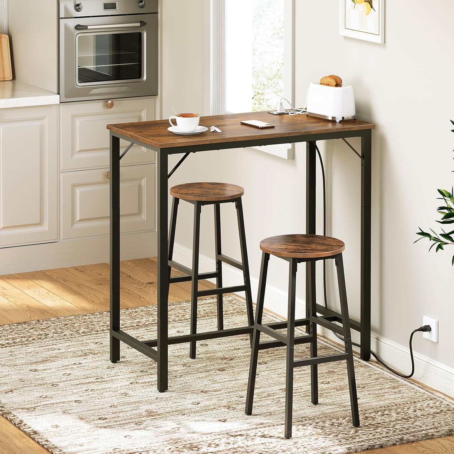 HOOBRO Bar Table with Charging Station, Rectangular Pub Table, High Top Coffee Table, Counter Bar Height Table, Narrow Long Dining Table, 35.4" L x 15.7" W x 35.6" H, Rustic Brown and Black BF90UBT01