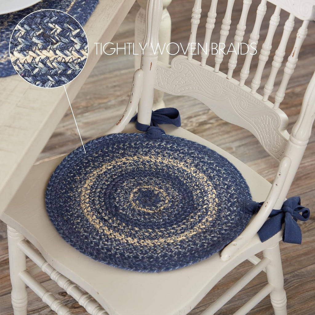 VHC Brands Great Falls Blue Round Seat Cushion Chair Pad, Blue White, Jute Blend with Ties, 15x15 Inches, Set of 8