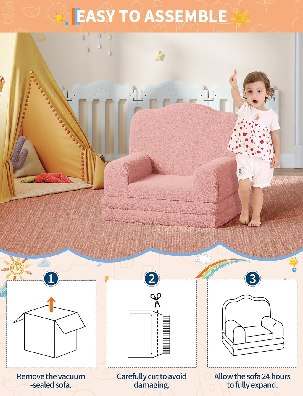 IDEALHOUSE Kids Sofa Chair, Sherpa Convertible Toddler Couch with Washable Cover, Crown Design Comfy Children's Reading Chair, Fold Out Sofa Bed for Playroom, Nursery, Girls & Boys